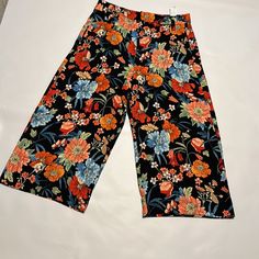 Nwot Zara Beautiful Color Red,Orange,Blue, Black Floral Wide Leg Pant Size Xl With Two Side Pockets Casual Multicolor Floral Print Wide Leg Pants, Zara Orange Bottoms For Work, Casual Black Bottoms With Floral Print, Black Wide-leg Summer Capris, Multicolor Wide Leg Summer Work Pants, Summer Workwear Multicolor Wide Leg Pants, Multicolor Casual Workwear Pants, High Waist Black Capris For Summer, Casual Black Wide-leg Capris