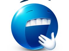 a blue ball with white teeth and hands holding it up to the side, in front of an angry expression