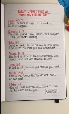 a notepad with the words bible verses that will make you feel better