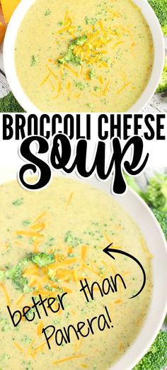 broccoli cheese soup in a white bowl with the words, better than pomera