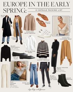 the european spring capsule packing list is shown in black, white and tan colors with text that reads europe in the early spring