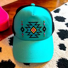 Gorgeous Brand New Baseball Cap This Is Turquoise With A Pink And Black Like Aztec Design On It. Really Really Cute Western Cowgirl Baseball Cap Like New Never Used Paint Therapy, Western Cowgirl Style, Style Baseball Cap, Stocking Cap, Aztec Design, Aztec Designs, Western Cowgirls, Western Cowgirl, Cowgirl Style