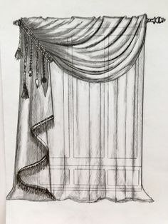 a pencil drawing of a curtain with tassels hanging from it's side