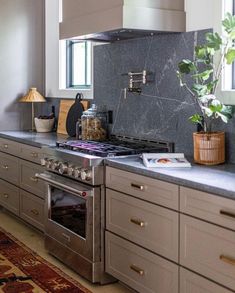 a kitchen with gray cabinets and marble counter tops, along with a potted plant on the stove