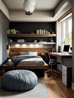 a bedroom with a bed, desk and bookshelf