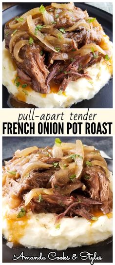 french onion pot roast on top of mashed potatoes