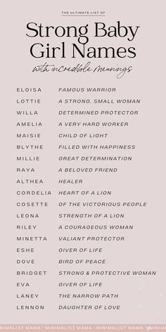 the poster for strong baby girl names, which are in black and white on a pink background