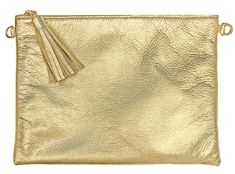 Based on our super practical bestselling Clutch + Crossbody bag, The Sconset comes with an adjustable crossbody strap so that you can free your hands in style. This bag is made from high-quality, super-soft gold leather sourced from a premiere hide house in California. The leather is shipped to New York City, where our bags are produced by expert craftsmen and finished with a smooth zipper and leather tassel. Our finished leathers are durable and easy to clean. The result is a sleek and versatil Metallic Leather Bag With Dust Bag Included, Luxury Gold Travel Pouch, Modern Gold Leather Clutch, Gold Leather Pouch For Daily Use, Luxury Gold Pouch For Daily Use, Daily Use Gold Leather Pouch, Gold Leather Pouch Clutch, Gold Leather Clutch With Soft Leather, Gold Soft Leather Clutch