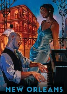 a painting of a man and woman playing the piano