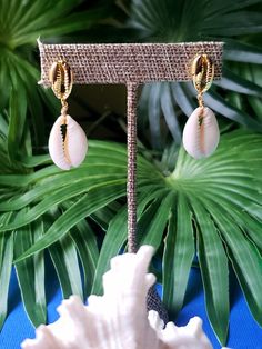 "Stud earrings so chic and easy to wear. Quality gold plated brass cowries wire wrapped to a natural white cowry shell. Hangs 1.5\" total." Cowry Shell, Cowrie Shell, Beaded Hoops, Shell Earrings, Boutique Jewelry, Wire Wrapped, Wire Wrapping, Favorite Color, Hippie Boho