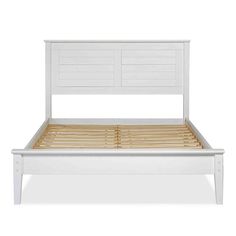 a white bed frame with wooden slats and headboard, against a white background