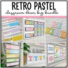 a collage of photos with the words retro pastel classroom decor big bundle