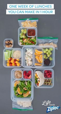 a plastic container filled with different types of food on top of a gray table next to a white sign that says, one week of lunches you can make in hour