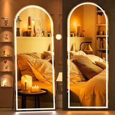 two mirrors with lights on each side of them in front of a bed and bookshelf