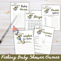 four fishing baby shower games with the words fishing baby shower games on them and an image of