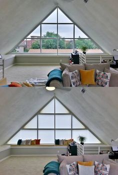 two pictures of a living room with couches and windows in it's roof