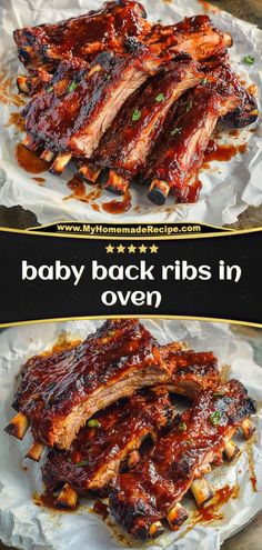 baby back ribs in bbq sauce on top of white paper with text overlay that says baby back ribs in oven