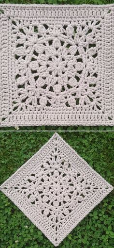 two crocheted squares sitting on top of green grass