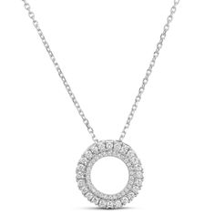 This enchanting diamond necklace features a half-carat of round cut diamonds forming two rings with an open center. Every diamond is prong-set in gorgeous 18k white gold to showcase the exquisite sparkle and light-catching glow. A stunning piece like this is perfect for someone who appreciates luxury made to cherish for a lifetime and pass down for generations to come. White Diamond Halo Necklace Fine Jewelry, White Diamond Halo Necklace In Fine Jewelry Style, White Round Halo Diamond Necklace, White Diamond Halo Necklace, White Halo Diamond Necklace Fine Jewelry, White Halo Diamond Necklace, Anniversary Cubic Zirconia Halo Necklace, White Gold Cubic Zirconia Diamond Necklace With Halo, Dazzling Silver Diamond Necklace With Halo