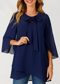 Bowknot Blouse, Classy Blouses, Asymmetrical Hem Top, Spring Decoration, Navy Blue Blouse, Trendy Tops For Women, Layered Blouse, Blouse Style, Plain Blouse