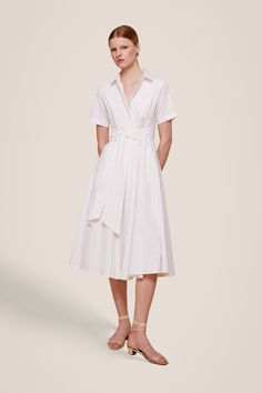 Megan Short Sleeve Tie-Front Midi Dress - Toccin Short Sleeve Belted Midi Dress For Casual Wear, Collared White Midi Dress For Work, Classic Short Sleeve Belted Midi Dress, White Collared Midi Dress For Work, Belted Midi Dress With Short Sleeves For Casual Wear, Casual Belted Short Sleeve Midi Dress, Casual Belted Midi Dress With Short Sleeves, Formal Button-up Midi Dress With Tie Waist, Elegant White Belted Shirt Dress