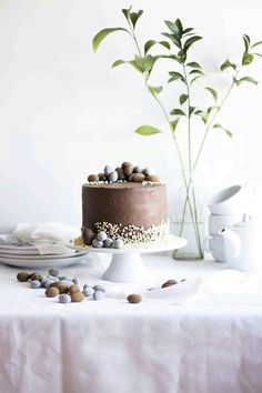 a chocolate cake sitting on top of a table