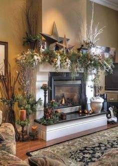 a living room filled with furniture and a fire place covered in greenery next to a flat screen tv