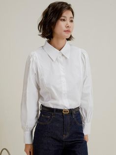 This is a feminine and romantic shirt by LANGSON that is made out of high quality polyester and viscose blend fabric. With design detail of relaxed silhouette and puffed sleeves, it gives a trendy and feminine look. - Relaxed silhouette- Shirring detail on cuffs and shoulder- Feminine and modern mood White Puffy Long Sleeve Shirt, White Collared Shirt Puffy Sleeves, Chic Button-up Puff Sleeve Top With Button Closure, Elegant Button-up Poplin Shirt, Elegant Button-up Poplin Blouse, Puff Long Sleeves, Puffed Sleeves, Feminine Look, White Blouse