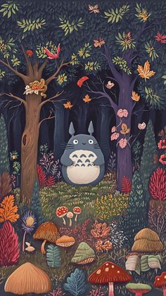 a totoro in the forest surrounded by mushrooms