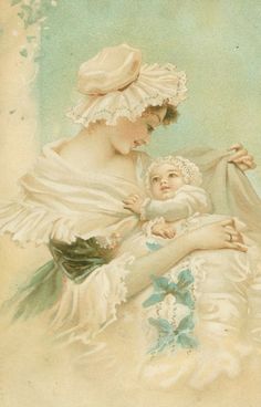 a woman holding a baby while wearing a white dress and blue bonnets on her head