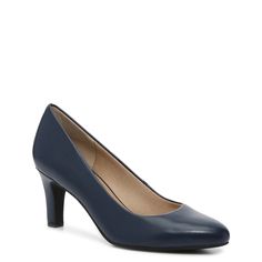 Augment your classic look with these women's Kelly & Katie Genna navy (blue) mid heel dress shoes. Crafted with smooth synthetic upper, these pumps have a chic almond toe design, soft fabric lining and padded footbed, and a durable synthetic sole with an elegant covered heel. This style is exclusive to Designer Brands Canada. | Kelly & Katie Women's Genna Pump in Navy Blue Size 5 Medium Navy Blue Pumps, Navy Pumps, Blue Pumps, Shoe Company, Shoes Heels Pumps, Pump Dress, Toe Designs, Dress And Heels, Mid Heel