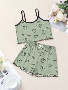 Green Cute Collar   Geometric Short Sets Embellished Slight Stretch  Tween Girls Clothing Vintage Short Dress, Green Cute, Cute Sleepwear, Cute Pajama Sets, Cute Dress Outfits, Normal Clothes, Trendy Dress Outfits, Cute Lazy Outfits, Quick Outfits