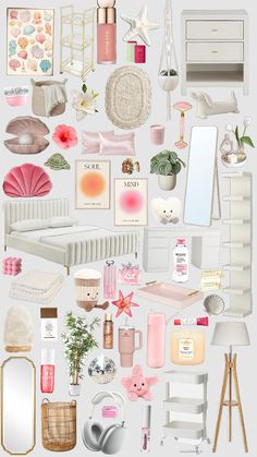 a collage of pink and white items including a bed, dresser, mirror, vases, candles, plants and other things