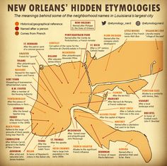 the new orleans'hidden etymologies map is shown in orange and brown