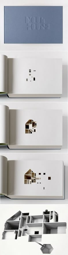 three books are stacked on top of each other in white boxes with blue and grey designs