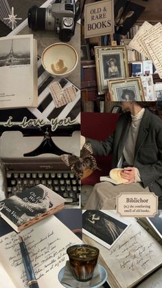 collage of old and rare books including an antique typewriter, coffee cup, bookends, etc