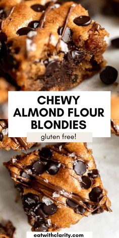 chewy almond flour blondies stacked on top of each other with text overlay