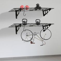 there are two shelves that have bikes on them