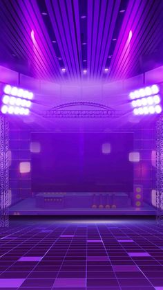 an empty stage with purple lighting and floor tiles in the foreground is lit by spotlights