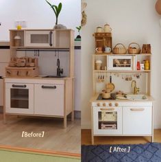 the before and after pictures show how to make a play kitchen