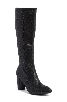 Glistening rhinestones shimmer like a disco ball under dance floor lights in these tall party-perfect boots finished with a covered heel and pointed toe. 3 2/3" heel 15" shaft Full side zip closure Synthetic upper, lining and sole Imported Glamorous Pointed Toe Knee-high Boots For Party, Elegant Rhinestone Knee-high Boots For Party, Glamorous Knee-high Boots With Pointed Toe For Party, Glamorous Party Knee-high Boots With Pointed Toe, Elegant Sparkling Boots For Night Out, Glamorous Embellished Fitted Boots, Glamorous Fitted Embellished Boots, Glamorous High Heel Knee-high Boots For Night Out, Sparkling Fitted Boots For Party