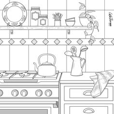 a black and white drawing of a kitchen with pots, pans, utensils on the stove