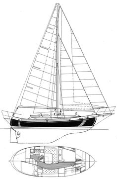 a drawing of a sailboat with the front and side views showing it's sails