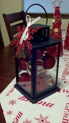 an image of a lantern with christmas ornaments in it on a tablecloth that says, return from loves for $ 1 50