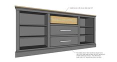 the side view of a bookcase with its shelves and drawers labeled in white text