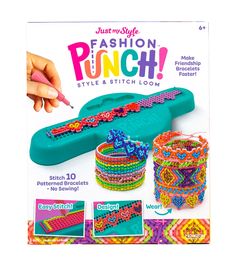 an advertisement for the fashion punch style and stitch loom bracelets kit with instructions