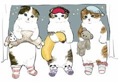 three cats are standing next to each other holding stuffed animals