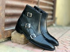 Men’s Black Leather Boots Triple Monk Black Dress Boots Black Dress Boots Men, Black Dress Boots, Long Leather Boots, Men Boot, Cap Toe Boots