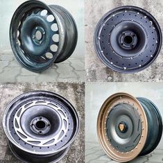 four different types of wheel rims with holes in the center and bottom, on concrete