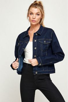 Dark Jeans Jacket Outfit, Dark Blue Jeans Jacket Outfit, Blue Denim Jacket Outfit Women, Dark Jean Jacket Outfits, Jacket Jeans Outfit